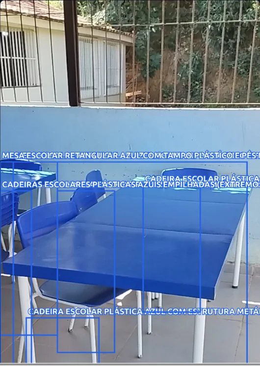 Mesa escolar azul e cadeiras plásticas com molduras de reconhecimento