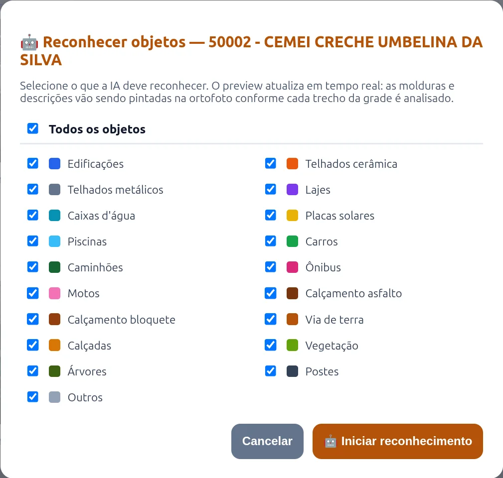 Diálogo Reconhecer objetos com as 19 categorias e suas cores
